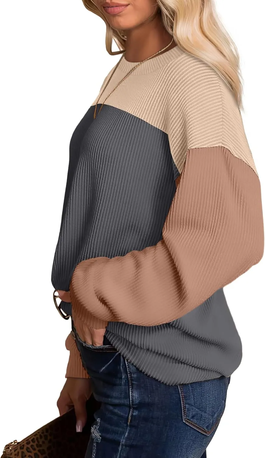 WIHOLL Womens Fall Fashion 2024 Color Block Long Sleeve Crewneck Knitted Ribbed Shirts Tunic Tops Casual Loose Trendy