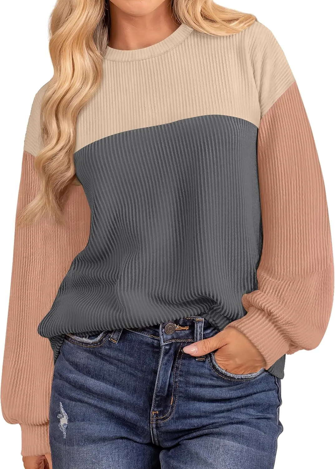 WIHOLL Womens Fall Fashion 2024 Color Block Long Sleeve Crewneck Knitted Ribbed Shirts Tunic Tops Casual Loose Trendy