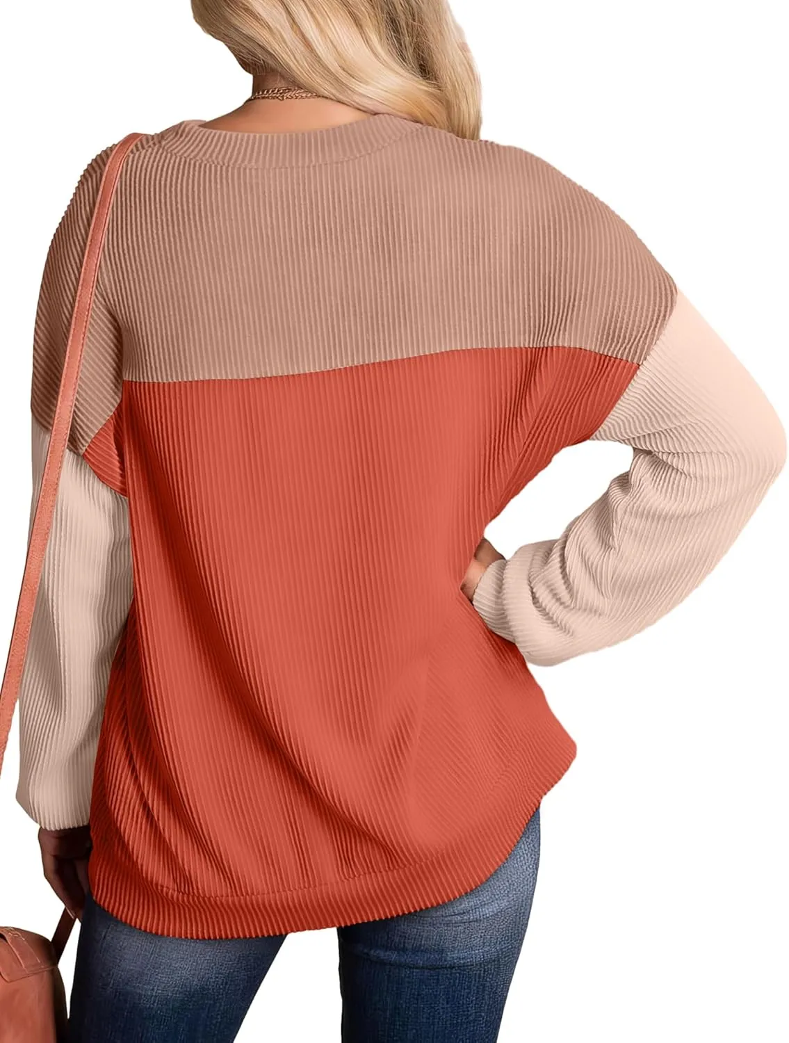 WIHOLL Womens Fall Fashion 2024 Color Block Long Sleeve Crewneck Knitted Ribbed Shirts Tunic Tops Casual Loose Trendy