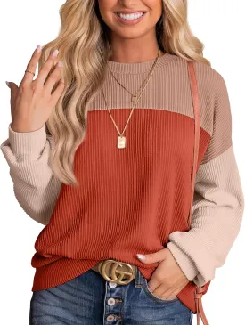 WIHOLL Womens Fall Fashion 2024 Color Block Long Sleeve Crewneck Knitted Ribbed Shirts Tunic Tops Casual Loose Trendy