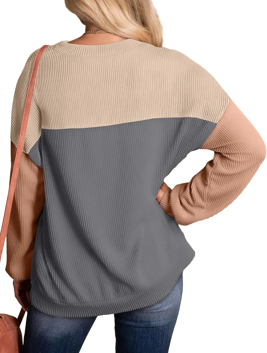 WIHOLL Womens Fall Fashion 2024 Color Block Long Sleeve Crewneck Knitted Ribbed Shirts Tunic Tops Casual Loose Trendy