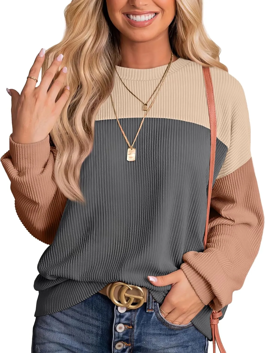 WIHOLL Womens Fall Fashion 2024 Color Block Long Sleeve Crewneck Knitted Ribbed Shirts Tunic Tops Casual Loose Trendy