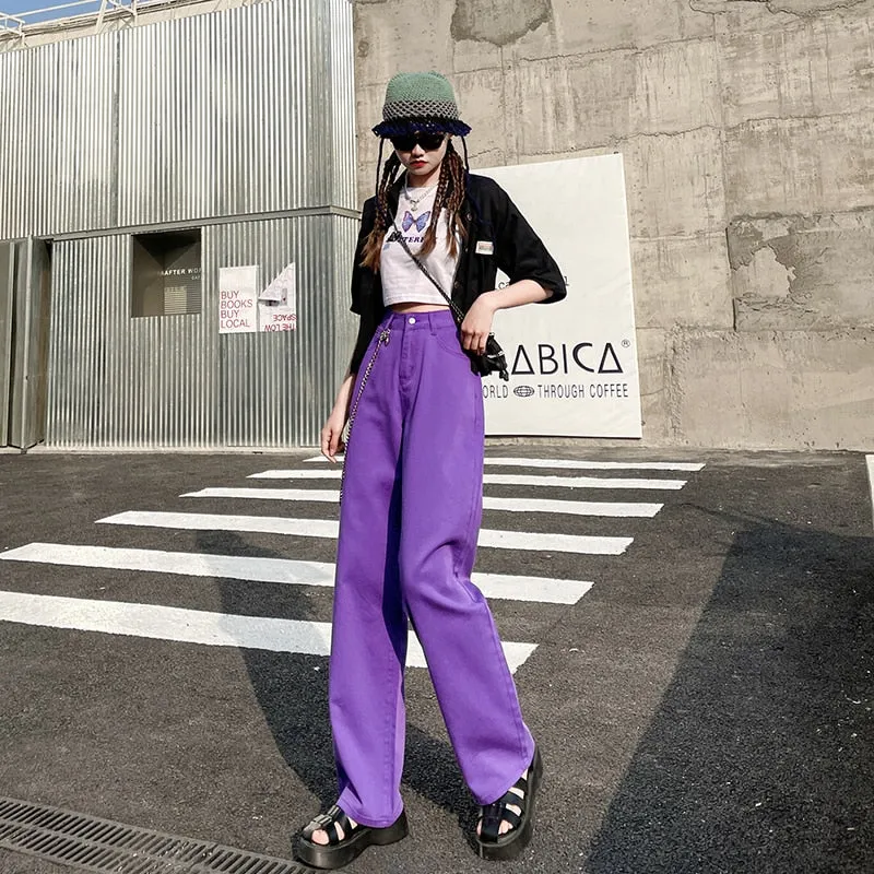 Wjczt Purple Jeans 2022 Spring Vintage Denim Trousers Fashion Elegant Solid  Pants Casual High Waist  Femme Straight Jeans For Women