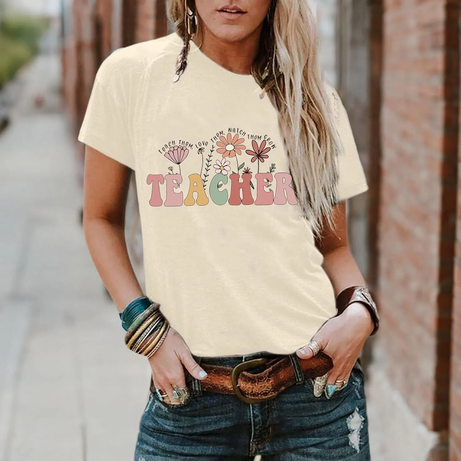 Women Flower Teacher Shirt Back to School Teaching Kindergarten Teacher Life Shirt Inspirational Letter Tee Tops