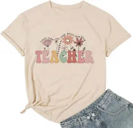 Women Flower Teacher Shirt Back to School Teaching Kindergarten Teacher Life Shirt Inspirational Letter Tee Tops