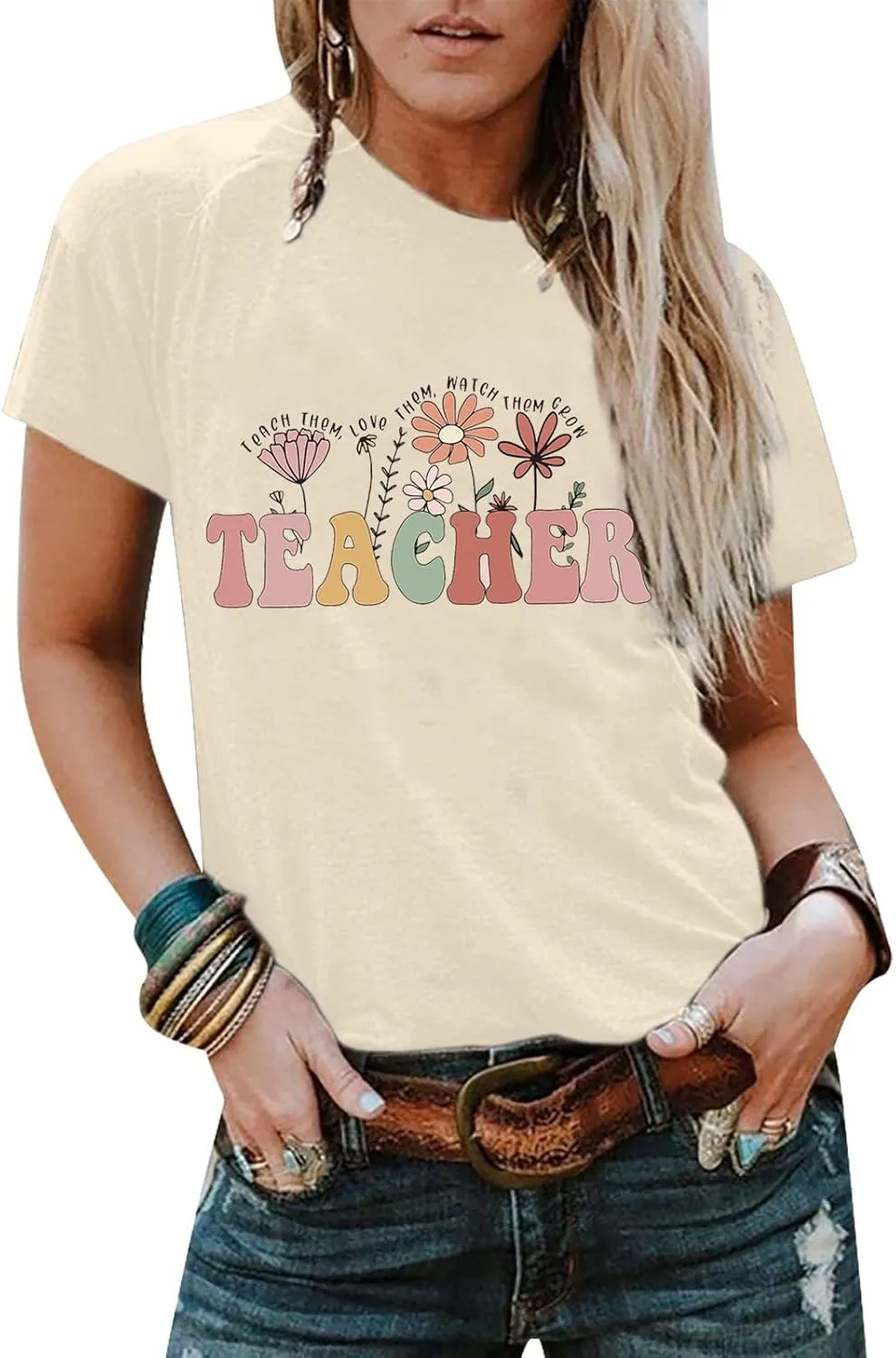 Women Flower Teacher Shirt Back to School Teaching Kindergarten Teacher Life Shirt Inspirational Letter Tee Tops
