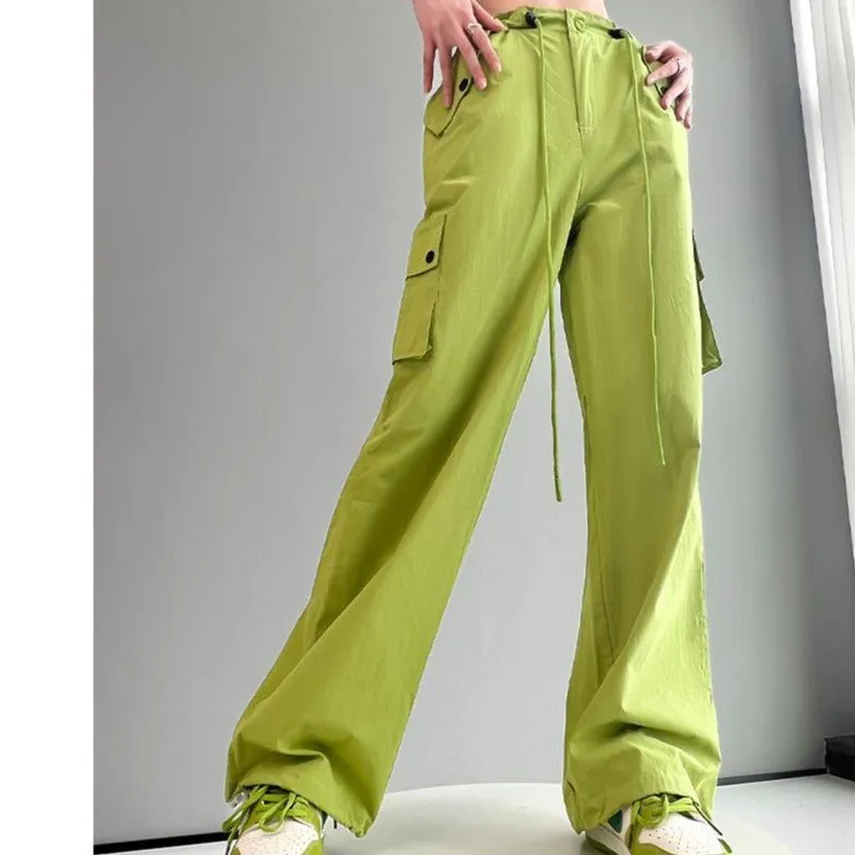 Women Spring Summer Drawstring High Waist Wide Leg Loose Multi-pockets Pant