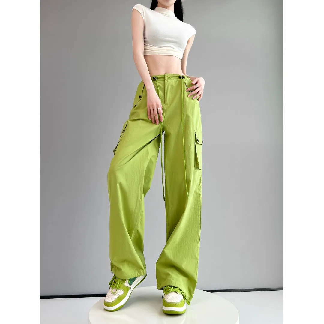 Women Spring Summer Drawstring High Waist Wide Leg Loose Multi-pockets Pant