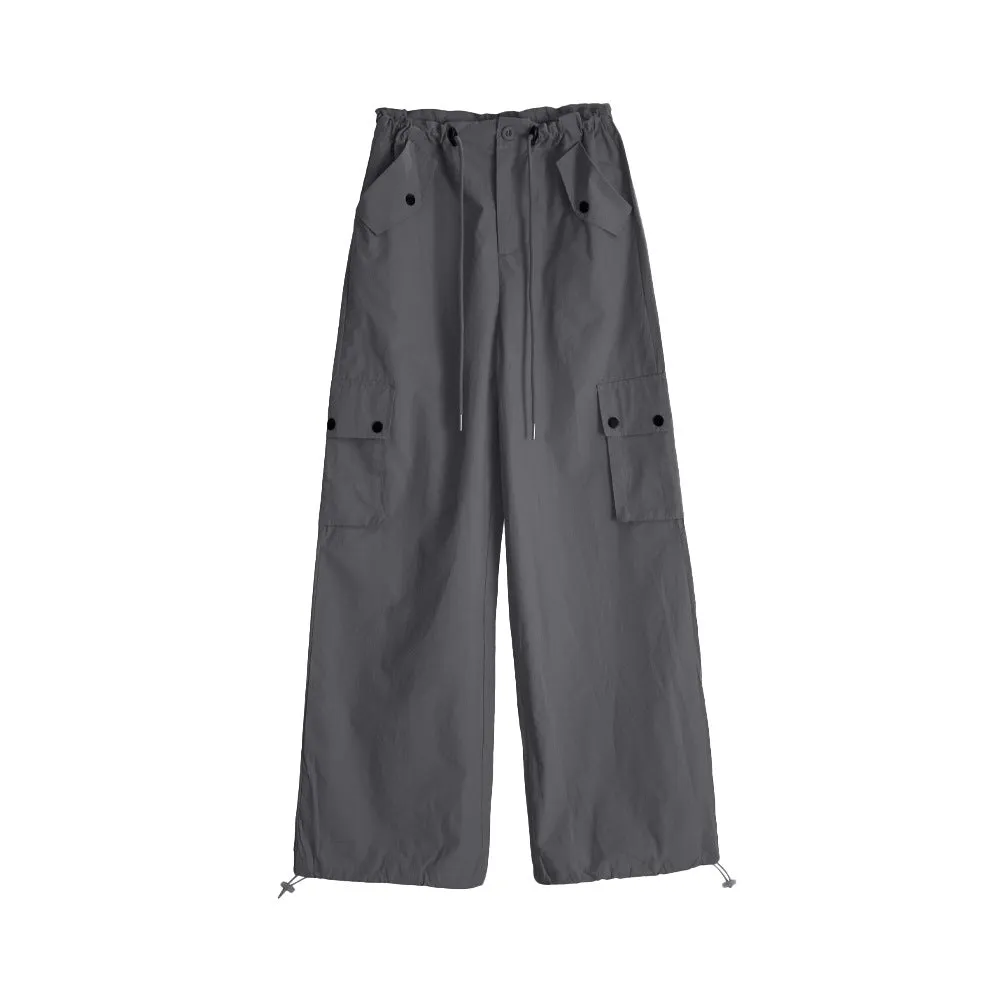 Women Spring Summer Drawstring High Waist Wide Leg Loose Multi-pockets Pant