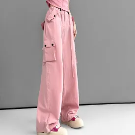 Women Spring Summer Drawstring High Waist Wide Leg Loose Multi-pockets Pant