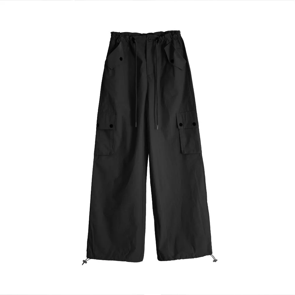 Women Spring Summer Drawstring High Waist Wide Leg Loose Multi-pockets Pant