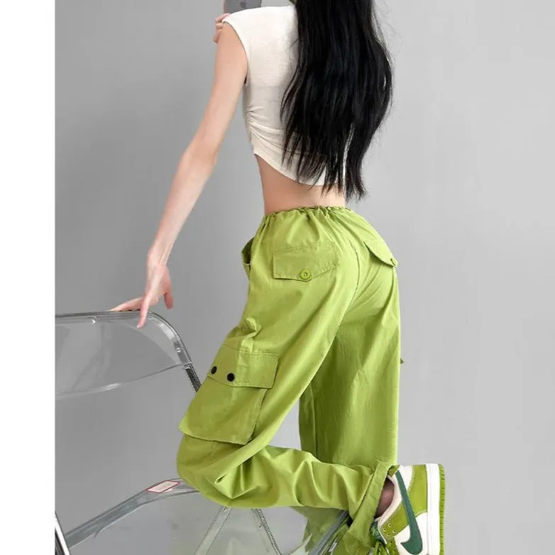 Women Spring Summer Drawstring High Waist Wide Leg Loose Multi-pockets Pant
