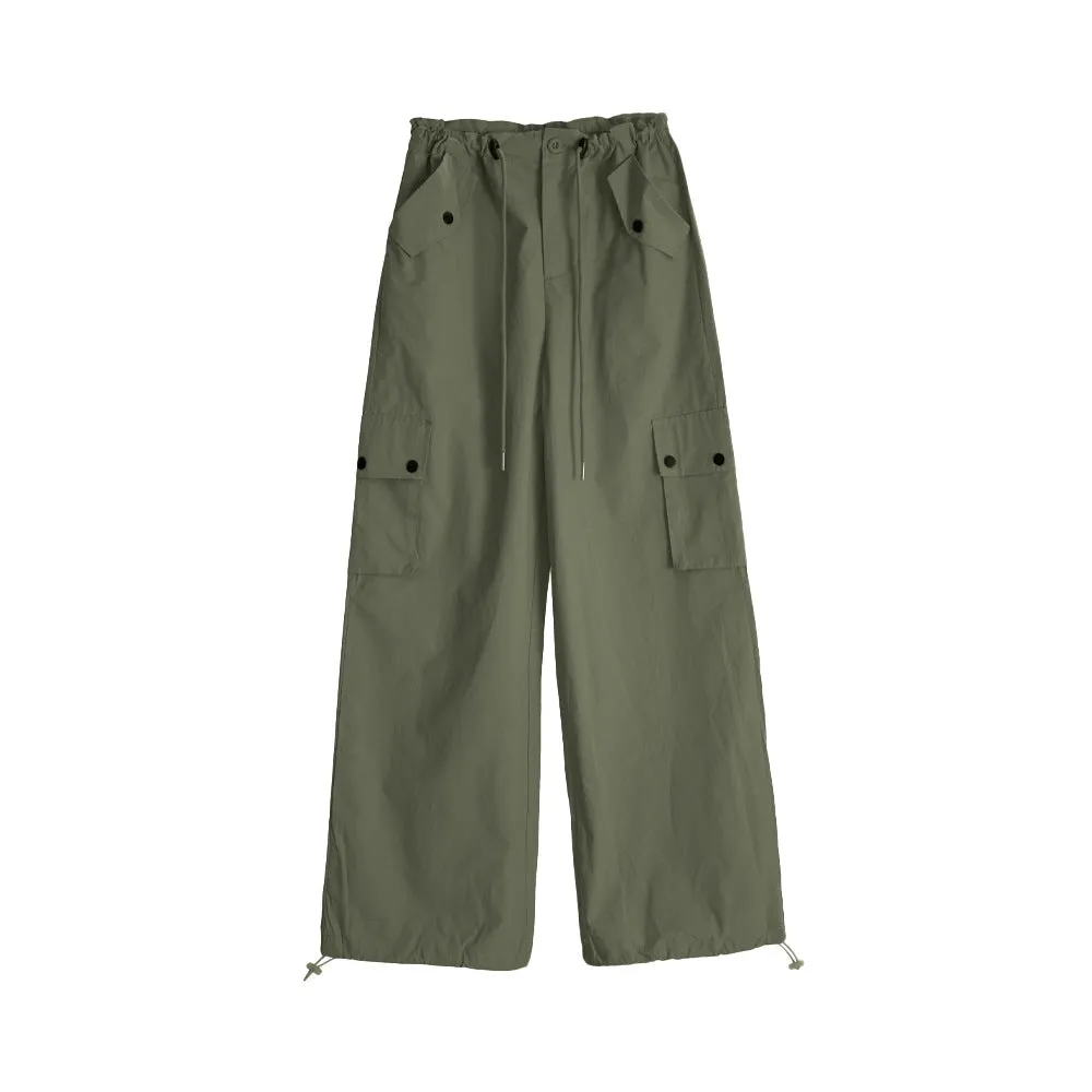 Women Spring Summer Drawstring High Waist Wide Leg Loose Multi-pockets Pant