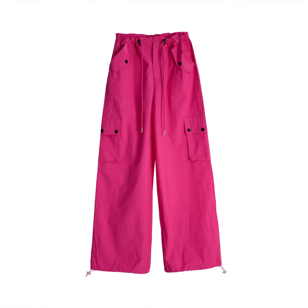 Women Spring Summer Drawstring High Waist Wide Leg Loose Multi-pockets Pant