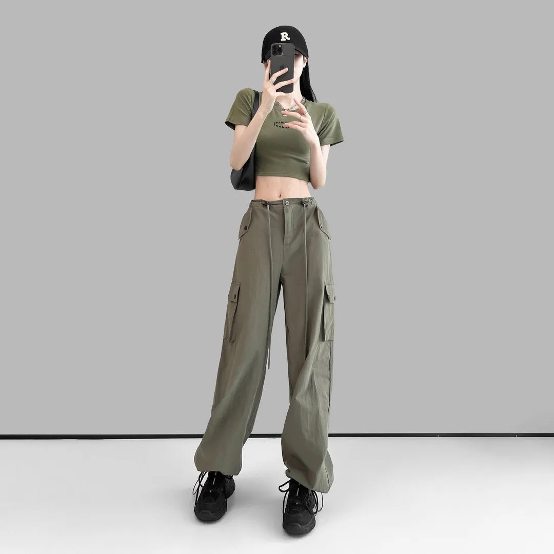 Women Spring Summer Drawstring High Waist Wide Leg Loose Multi-pockets Pant