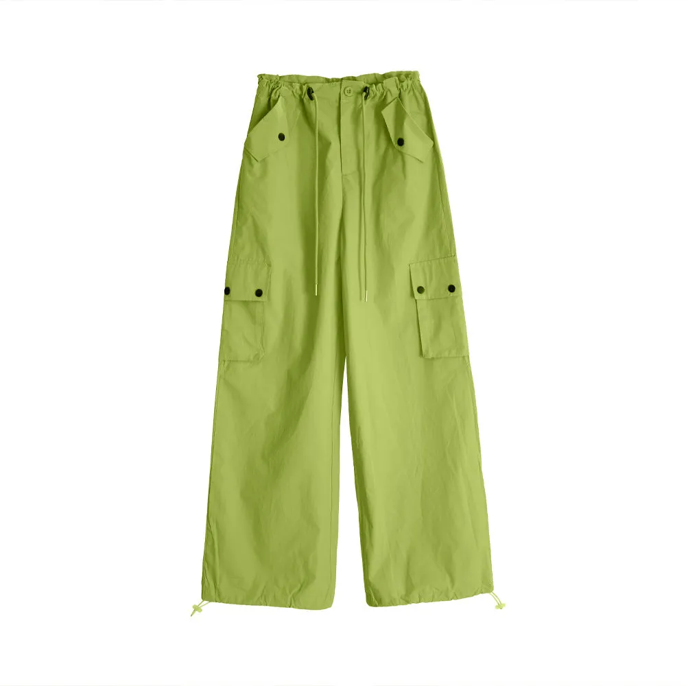 Women Spring Summer Drawstring High Waist Wide Leg Loose Multi-pockets Pant