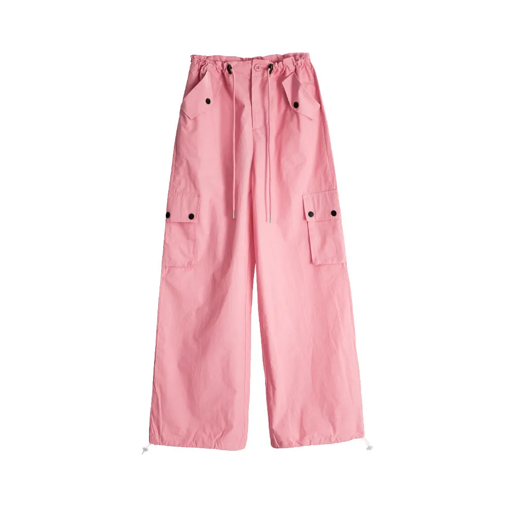 Women Spring Summer Drawstring High Waist Wide Leg Loose Multi-pockets Pant