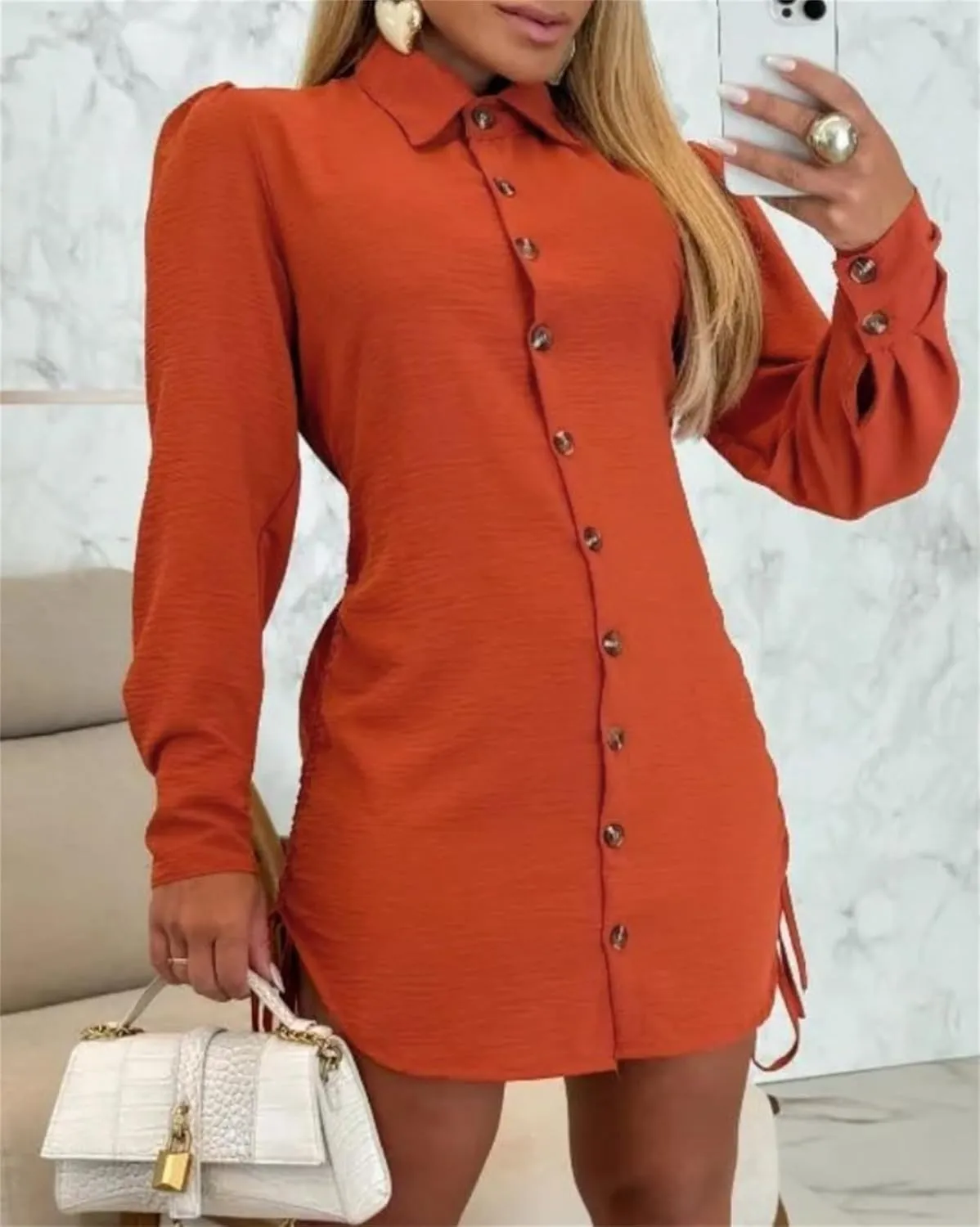 Womens Button Down Shirt Dresses Drawstring Both Sides Button Down Beach Dress Shirt Long Sleeve Solid Blouse Tops
