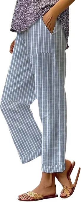 Women's Cotton Linen Pants Casual Boho Floral Print Elastic Waisted Drawstring Summer Palazzo Beach Baggy Capri Pant