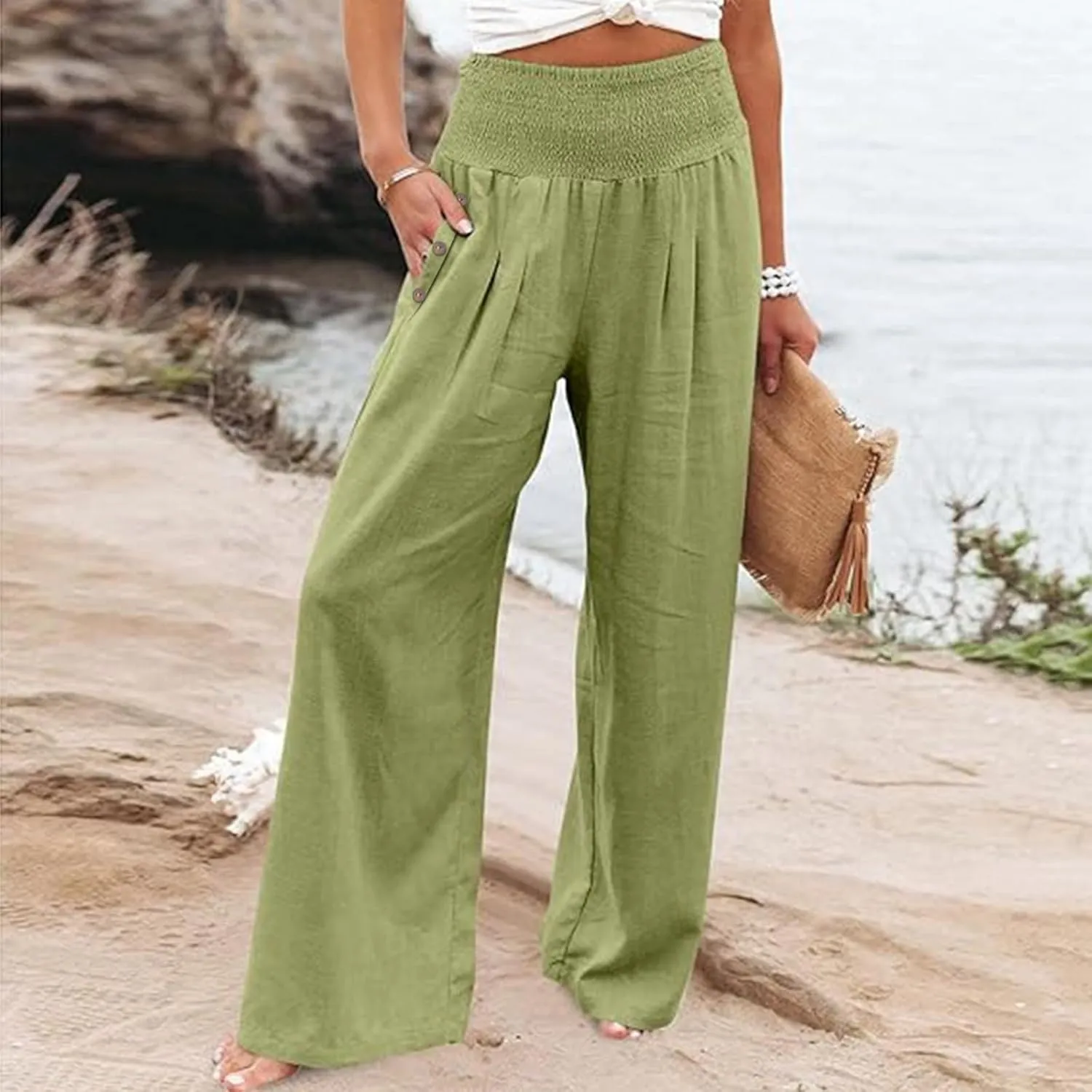 Women's Fashion Loose Casual Buttoned Wide Leg Dressy Loose Fit Pants