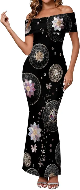 Women's Floral Maxi Dress 2025 Summer Off The Shoulder Ruched Bodycon Fitted Long Elegant Cocktail Party Dresses