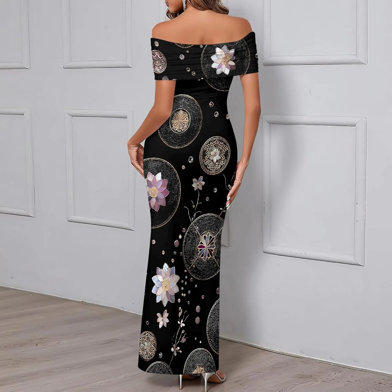 Women's Floral Maxi Dress 2025 Summer Off The Shoulder Ruched Bodycon Fitted Long Elegant Cocktail Party Dresses