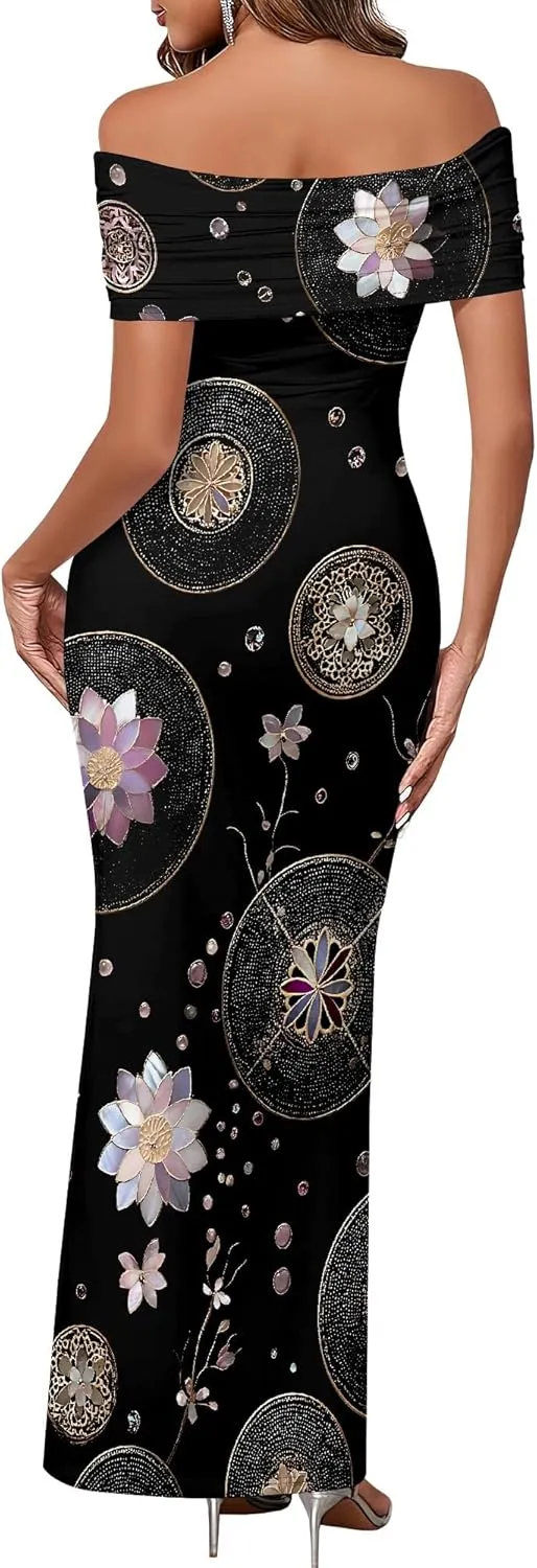 Women's Floral Maxi Dress 2025 Summer Off The Shoulder Ruched Bodycon Fitted Long Elegant Cocktail Party Dresses