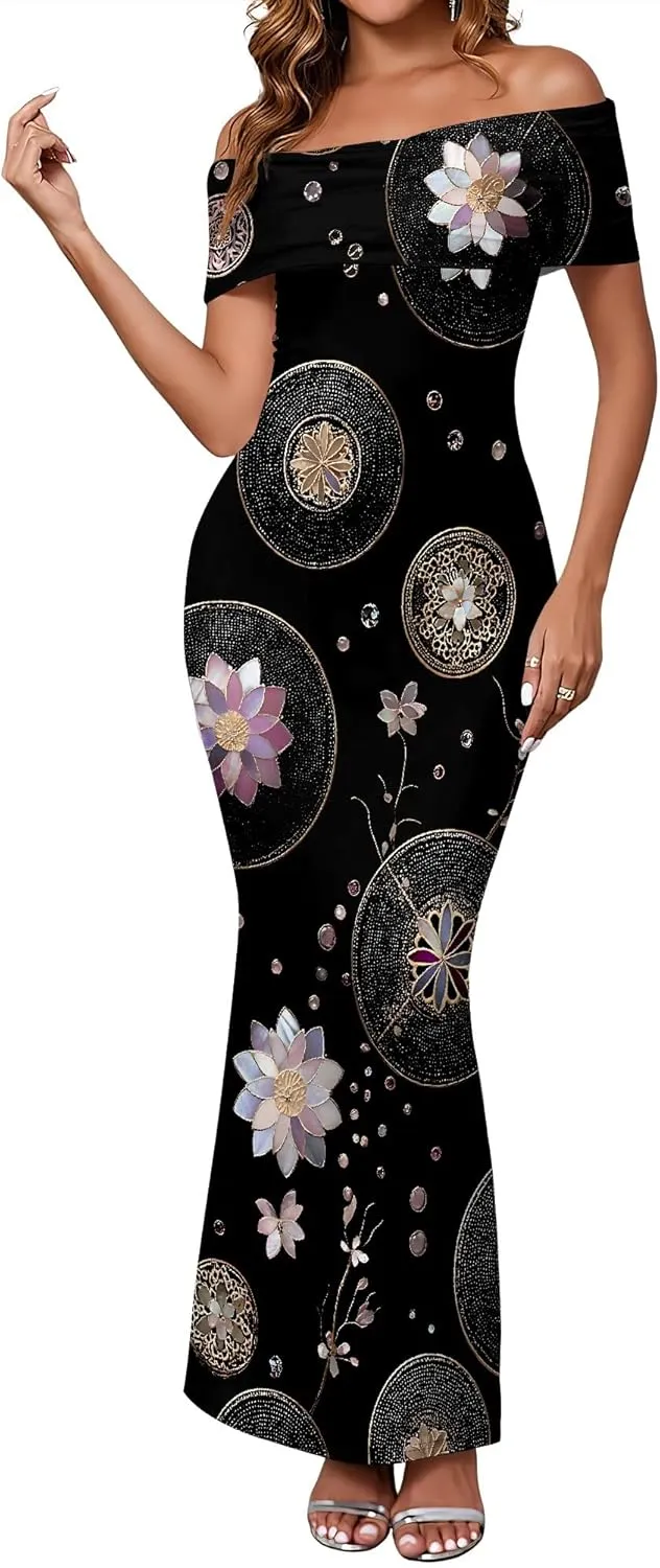 Women's Floral Maxi Dress 2025 Summer Off The Shoulder Ruched Bodycon Fitted Long Elegant Cocktail Party Dresses