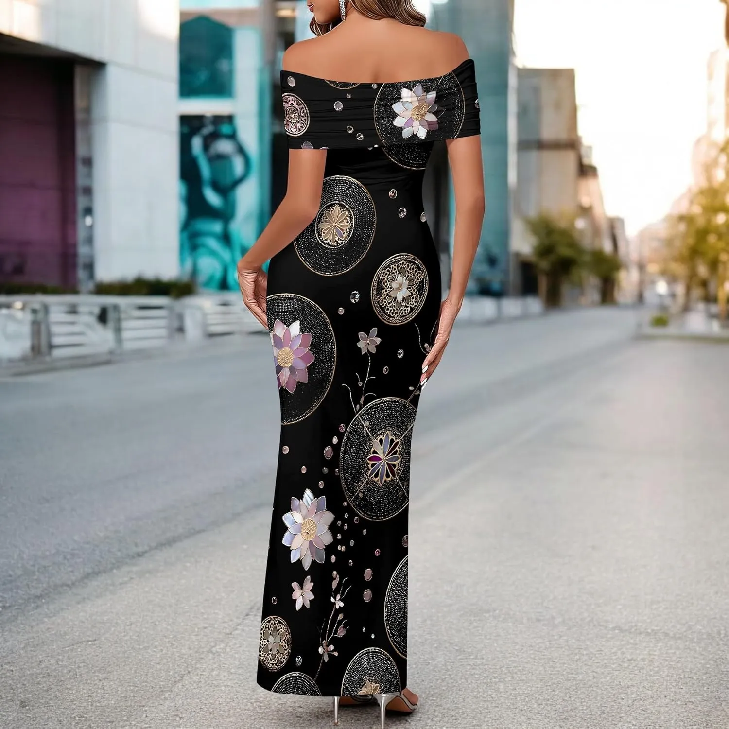 Women's Floral Maxi Dress 2025 Summer Off The Shoulder Ruched Bodycon Fitted Long Elegant Cocktail Party Dresses