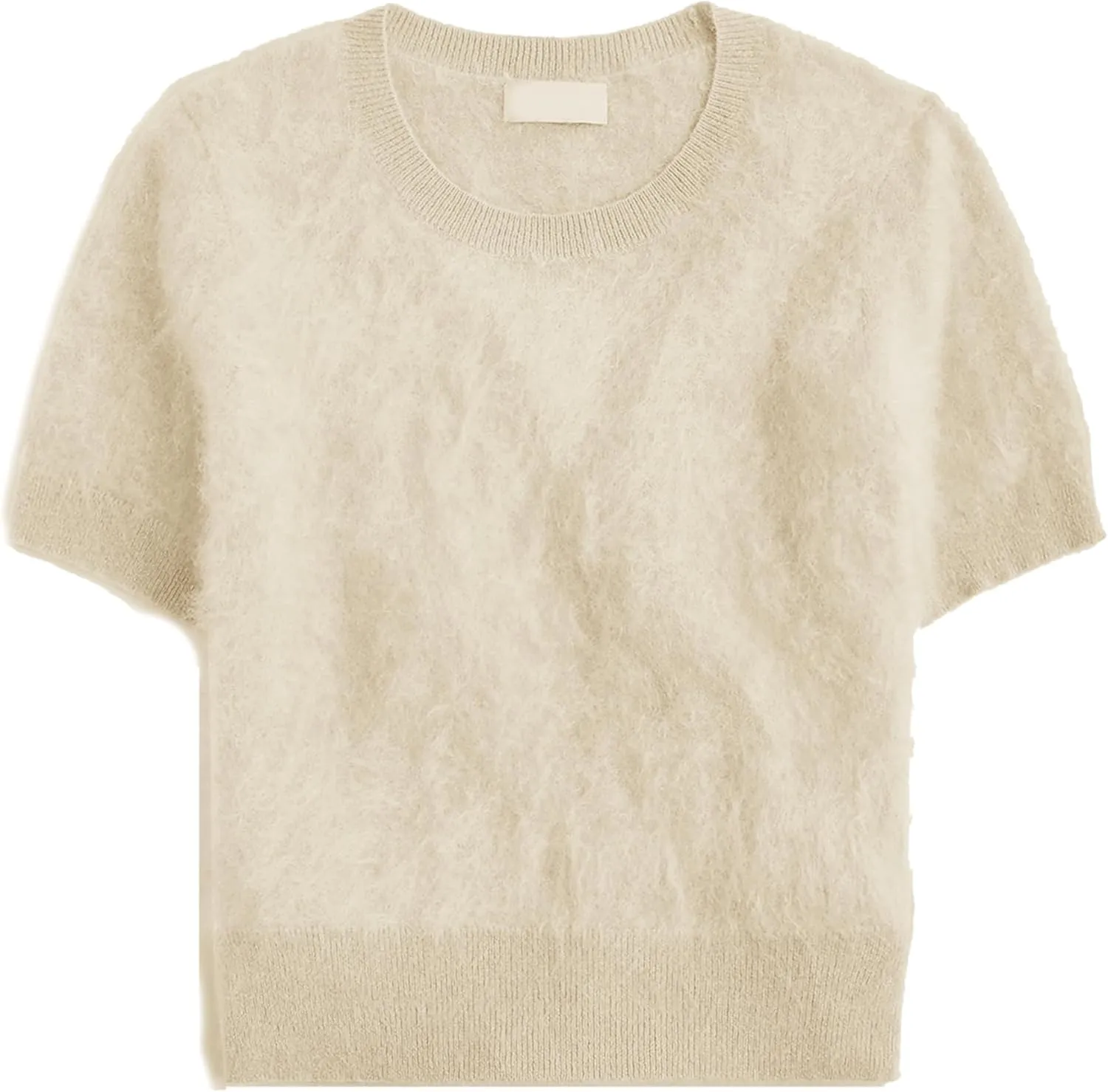 Women's Furry Cropped Sweater Short Sleeve Soft Fuzzy Sweater T Shirt Loose Casual Knit Pullover