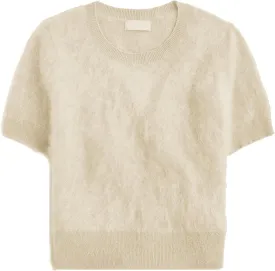 Women's Furry Cropped Sweater Short Sleeve Soft Fuzzy Sweater T Shirt Loose Casual Knit Pullover