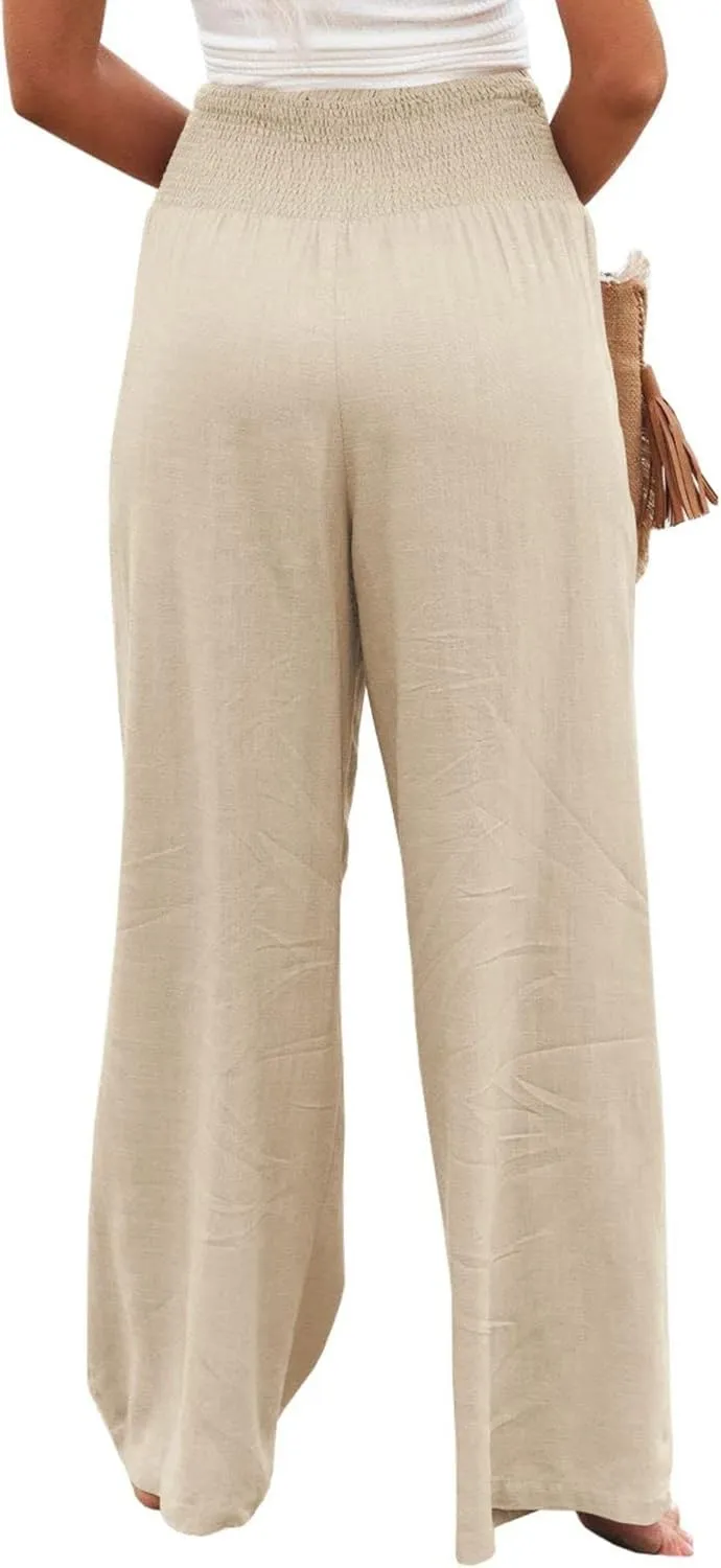 Womens Linen Pants Boho Wide Leg Lounge Pant High Waist Palazzo Pant Summer Beach Trousers Travel Vacation Outfits