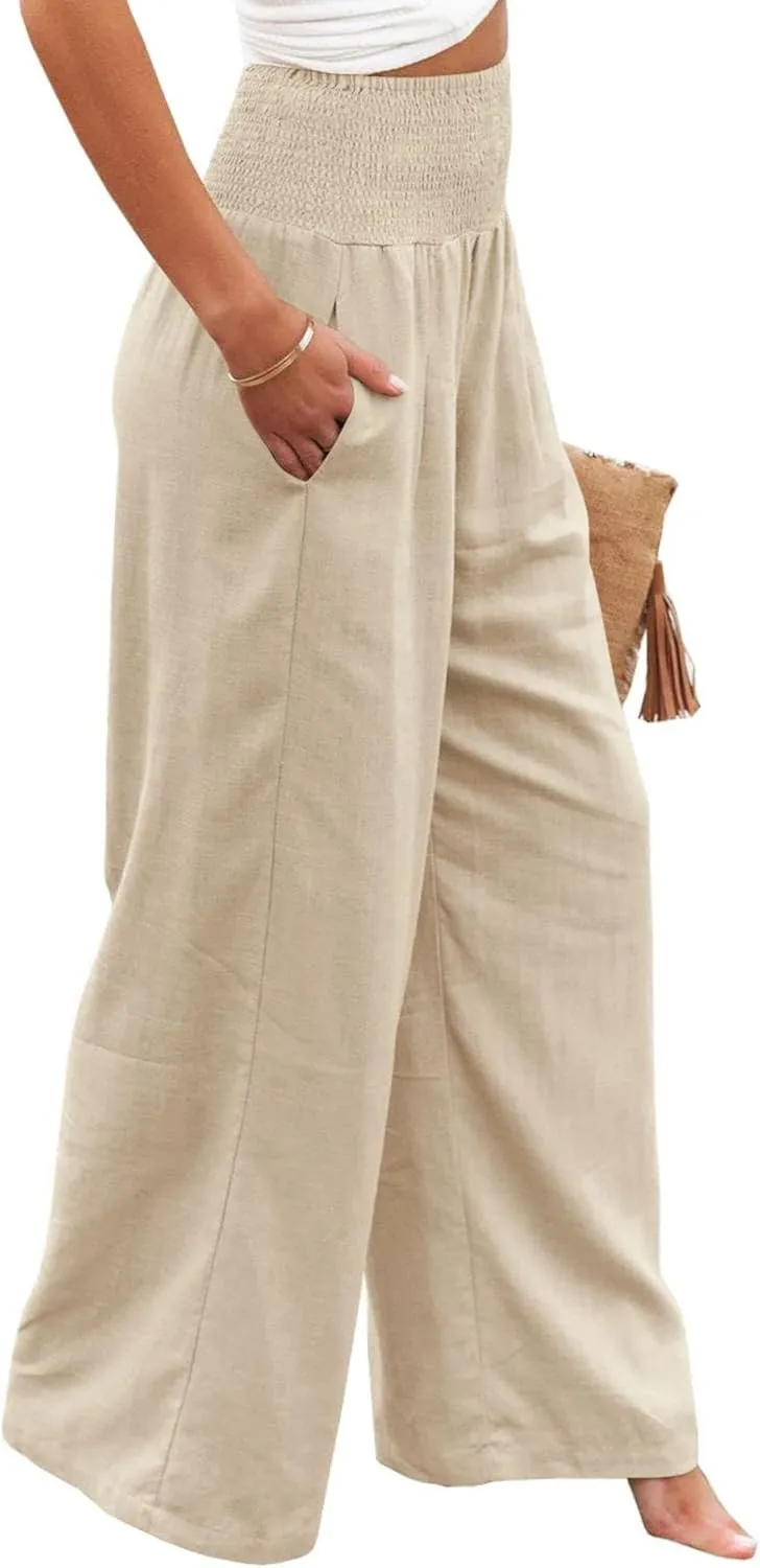 Womens Linen Pants Boho Wide Leg Lounge Pant High Waist Palazzo Pant Summer Beach Trousers Travel Vacation Outfits