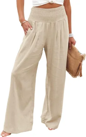 Womens Linen Pants Boho Wide Leg Lounge Pant High Waist Palazzo Pant Summer Beach Trousers Travel Vacation Outfits