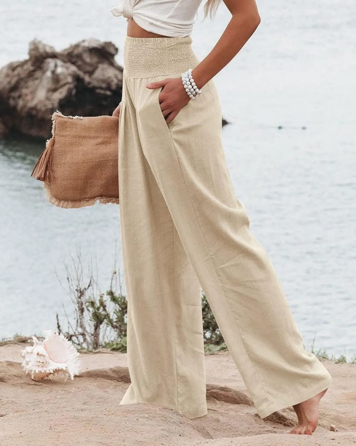 Womens Linen Pants Boho Wide Leg Lounge Pant High Waist Palazzo Pant Summer Beach Trousers Travel Vacation Outfits