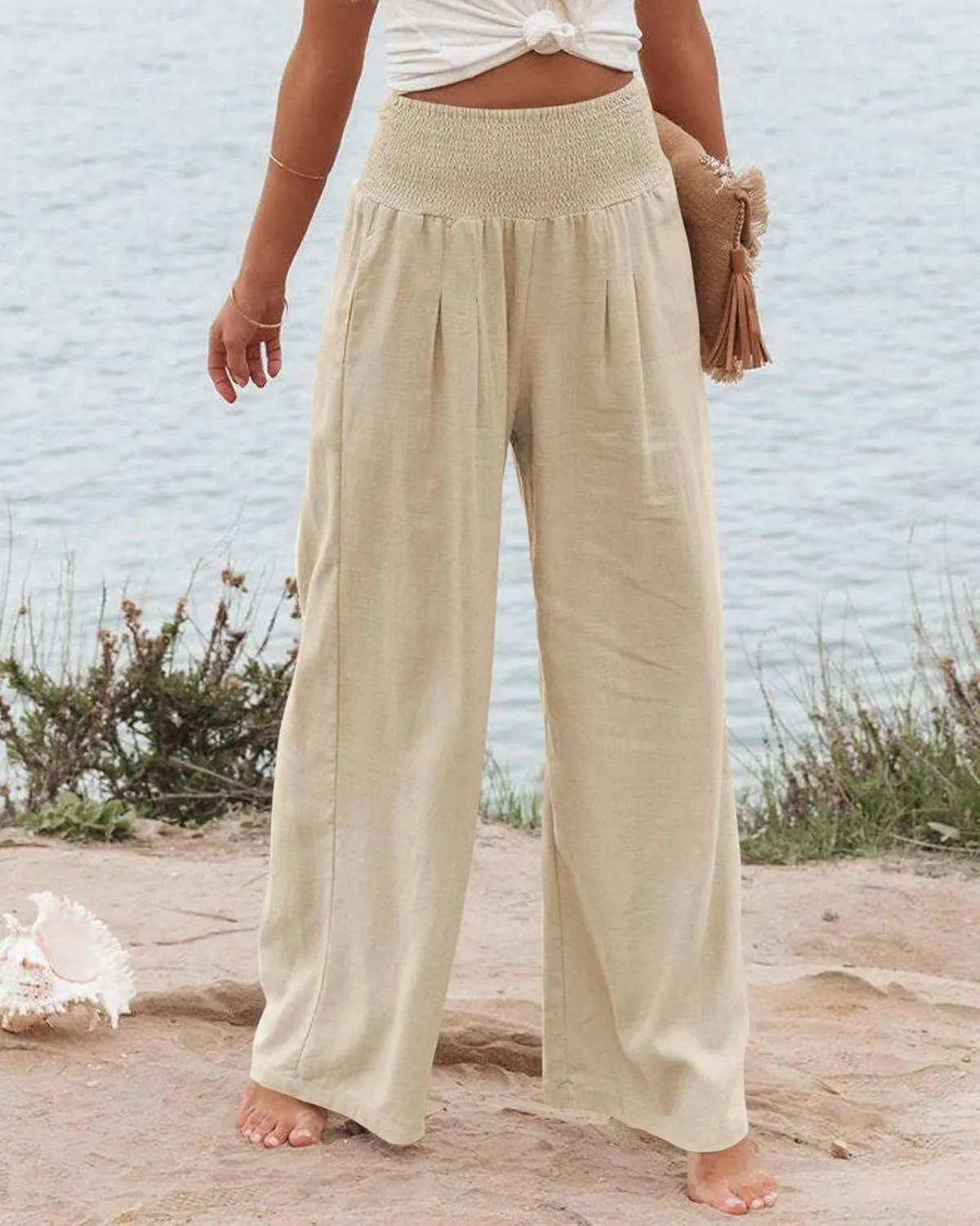 Womens Linen Pants Boho Wide Leg Lounge Pant High Waist Palazzo Pant Summer Beach Trousers Travel Vacation Outfits