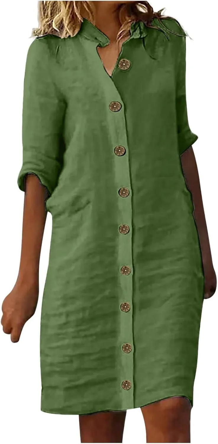 Women's Summer Cotton Linen Button Down Shirt Dress Casual Half Sleeve V Neck Knee Length Dresses Beach Midi Dresses