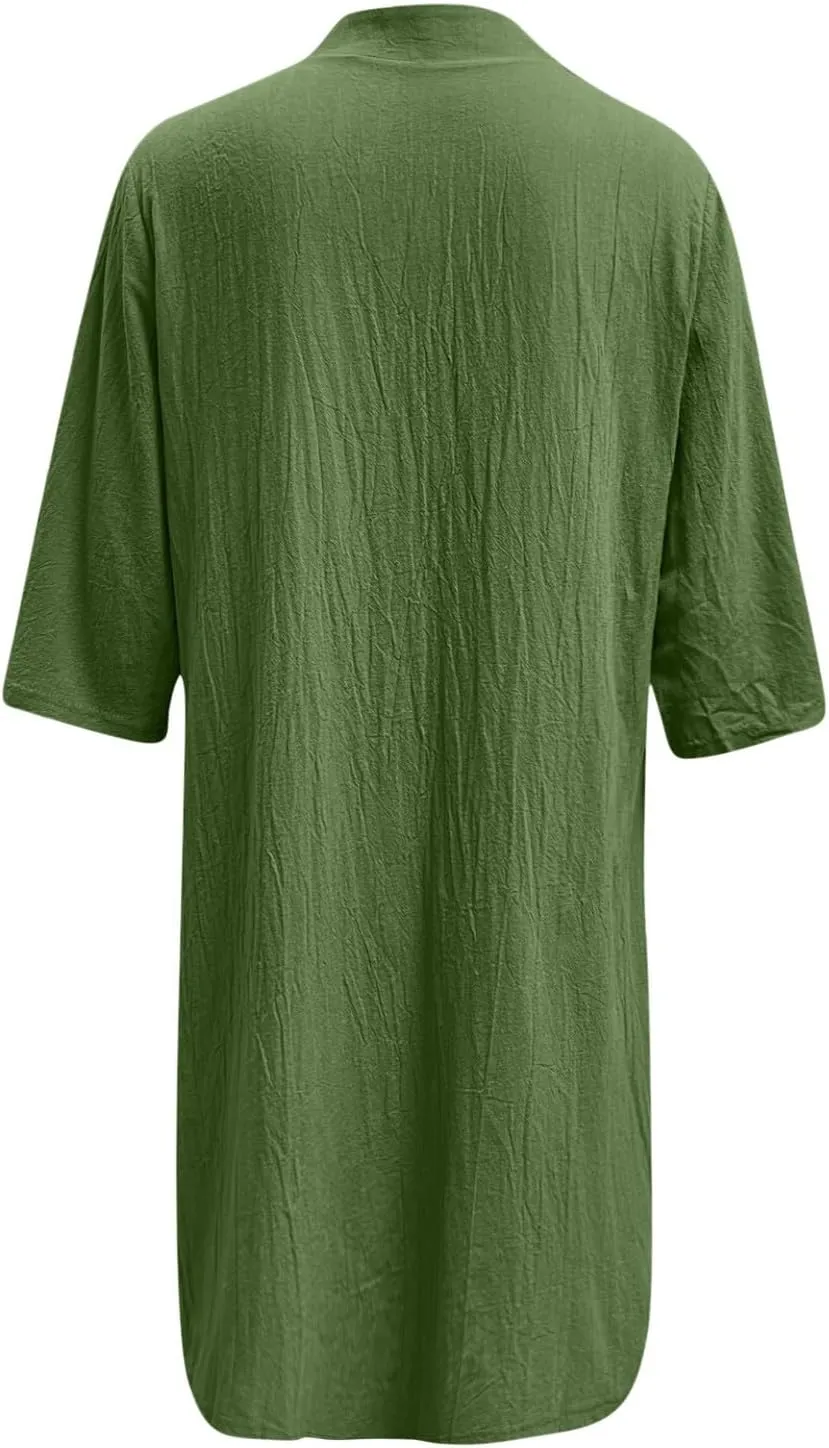 Women's Summer Cotton Linen Button Down Shirt Dress Casual Half Sleeve V Neck Knee Length Dresses Beach Midi Dresses