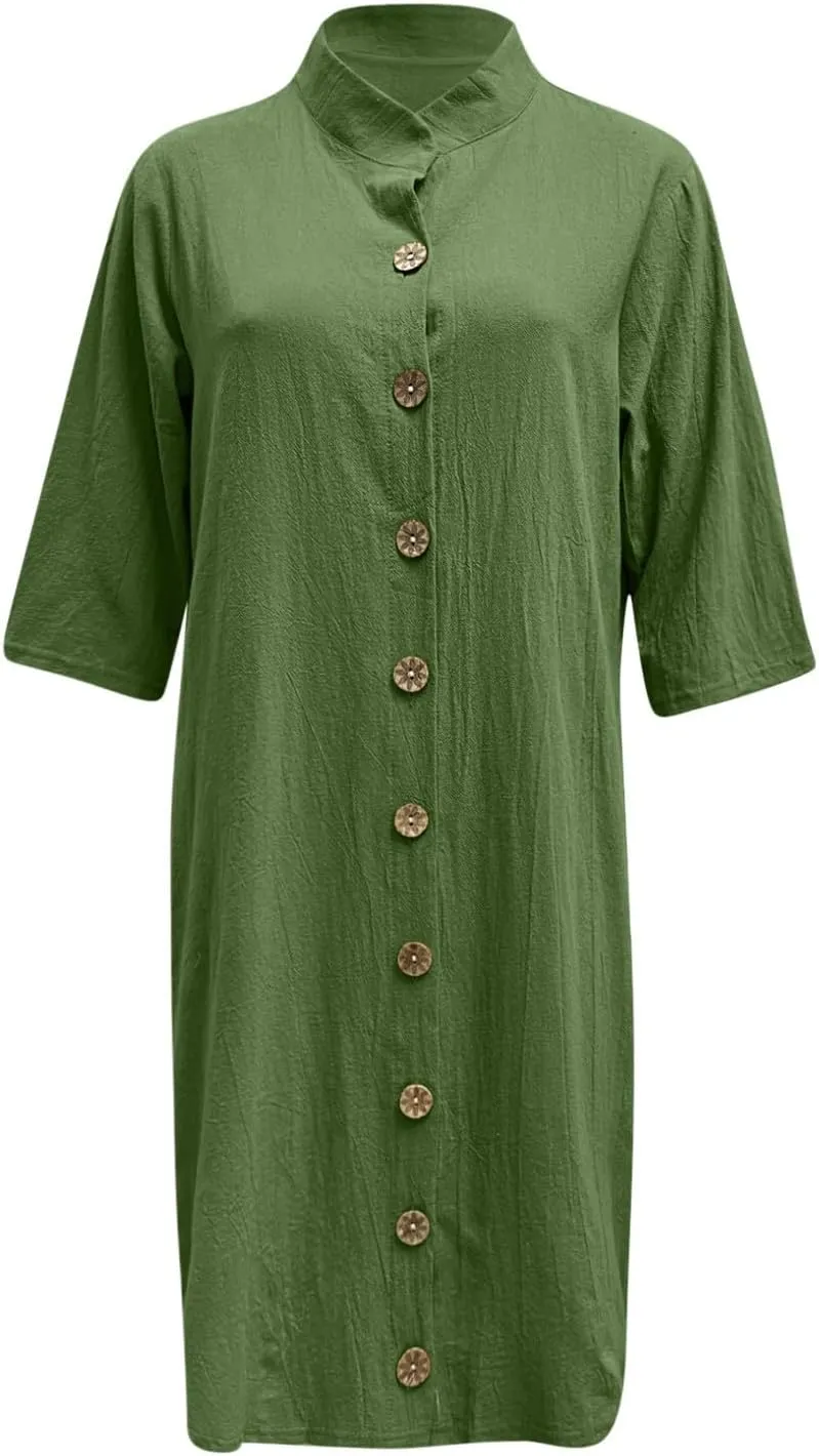Women's Summer Cotton Linen Button Down Shirt Dress Casual Half Sleeve V Neck Knee Length Dresses Beach Midi Dresses