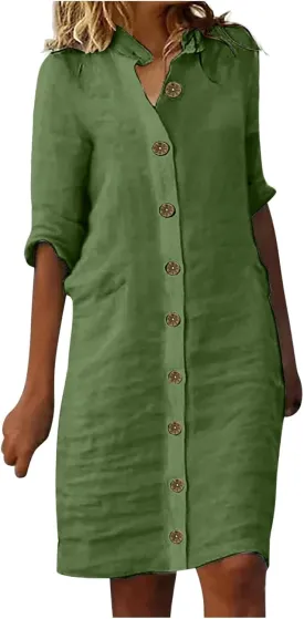 Women's Summer Cotton Linen Button Down Shirt Dress Casual Half Sleeve V Neck Knee Length Dresses Beach Midi Dresses