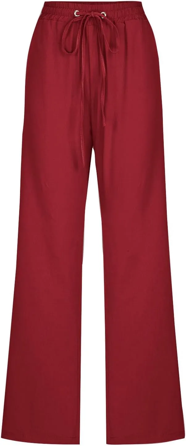 Womens Summer Cotton Linen Pants Drawstring Loose Comfy Elastic Waist Straight Leg Trousers Solid Casual Beach Pants