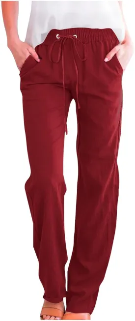 Womens Summer Cotton Linen Pants Drawstring Loose Comfy Elastic Waist Straight Leg Trousers Solid Casual Beach Pants