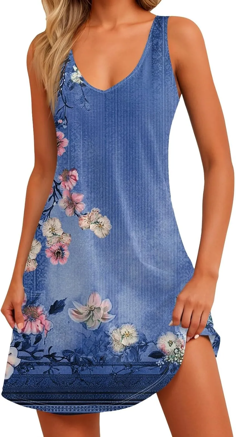 Womens Summer Dresses V Neck Vacation Dress with Pocket Casual Beach Swimsuit Coverup Printed 2025 Sundress