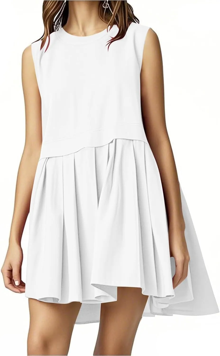 Womens Summer Sweatshirt Dresses Casual Crewneck Sleeveless Patchwork Pleated A Line Short Mini Dress Beach Sundresses