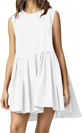 Womens Summer Sweatshirt Dresses Casual Crewneck Sleeveless Patchwork Pleated A Line Short Mini Dress Beach Sundresses