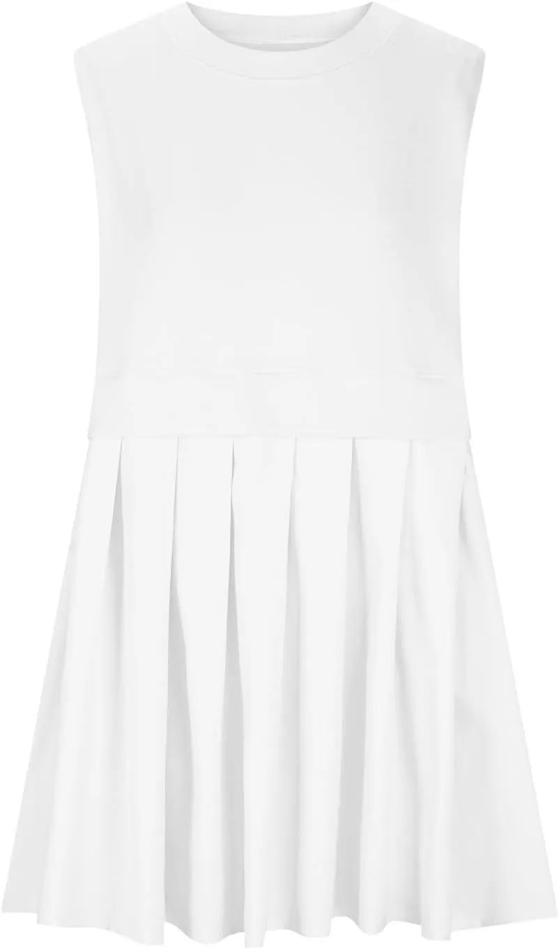 Womens Summer Sweatshirt Dresses Casual Crewneck Sleeveless Patchwork Pleated A Line Short Mini Dress Beach Sundresses