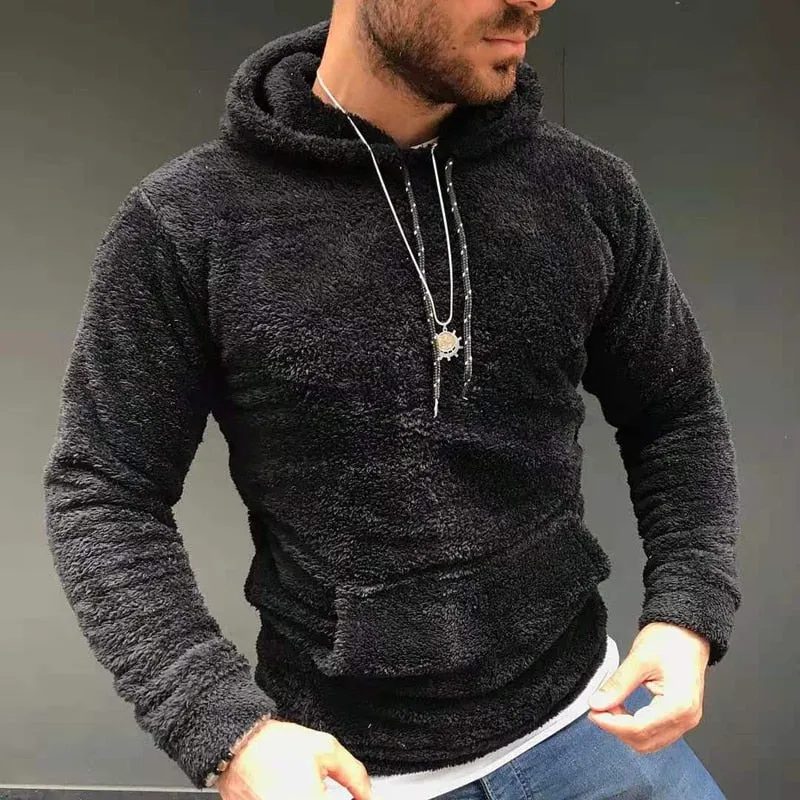 xiangtuibao Casual Solid Hooded Men's Long Sleeve Autumn Winter Warm Pocket Loose Sweatshirt Plush Fleece Hoodies Oversized Loose Tops