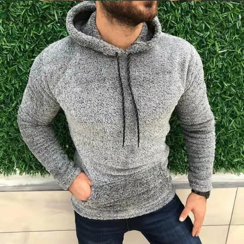 xiangtuibao Casual Solid Hooded Men's Long Sleeve Autumn Winter Warm Pocket Loose Sweatshirt Plush Fleece Hoodies Oversized Loose Tops