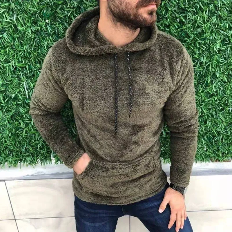 xiangtuibao Casual Solid Hooded Men's Long Sleeve Autumn Winter Warm Pocket Loose Sweatshirt Plush Fleece Hoodies Oversized Loose Tops