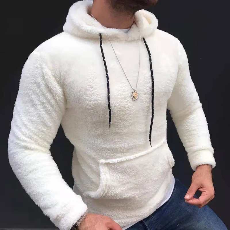 xiangtuibao Casual Solid Hooded Men's Long Sleeve Autumn Winter Warm Pocket Loose Sweatshirt Plush Fleece Hoodies Oversized Loose Tops